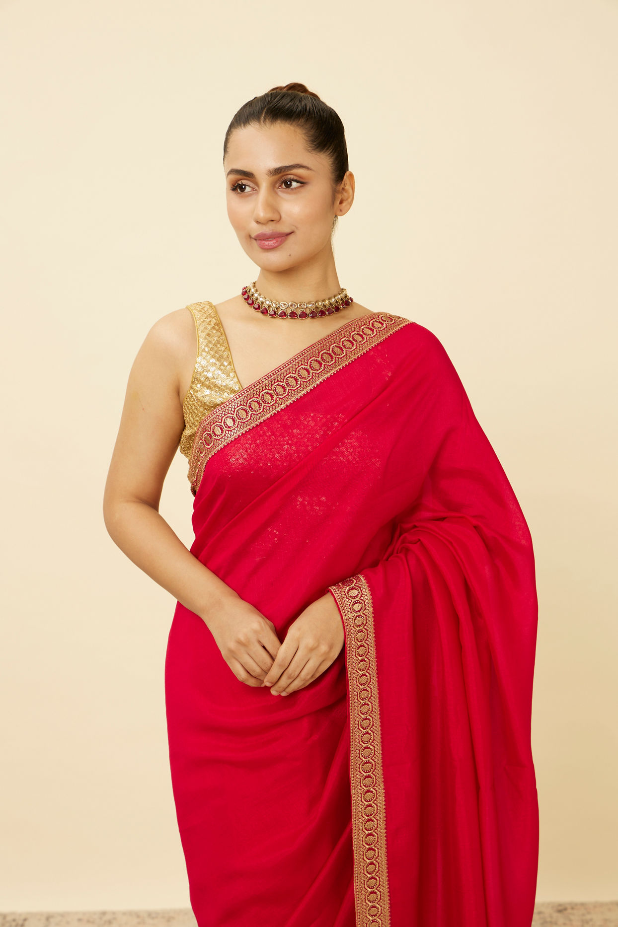 Fiesta Red Saree with Geometrical Patterned Borders image number 1